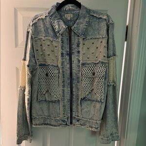 POL Crocheted Studded Distressed Denim Jacket -NWOT Large